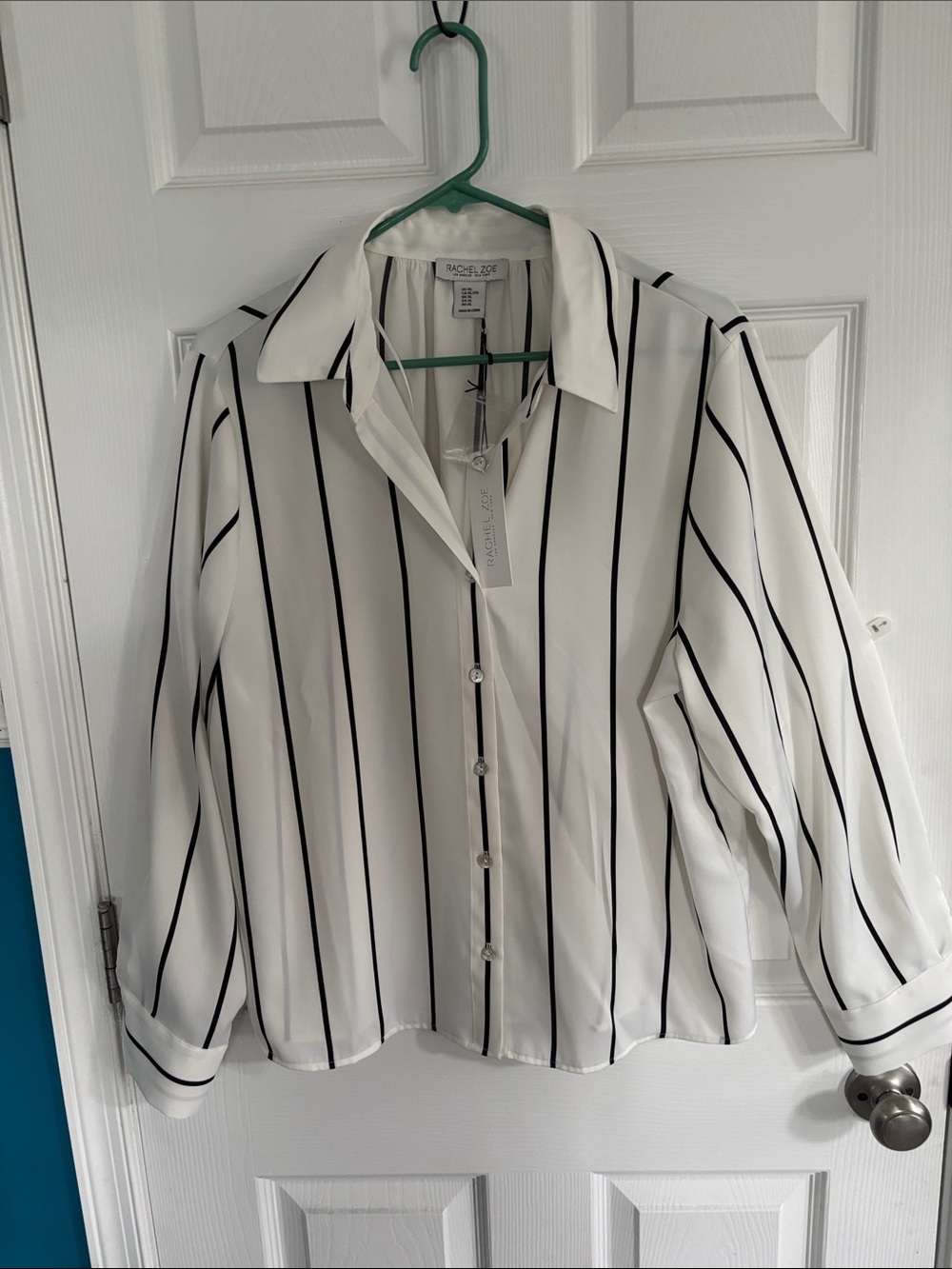 Rachel Zoe White Button-Front Blouse with Black Vertical Stripes